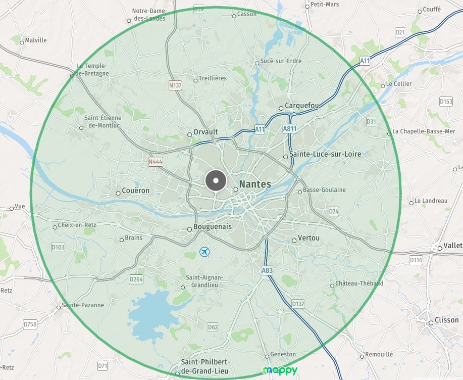 carte de la zone d'intervention de Valérie Pinçon, comportementaliste chat à Nantes et autour de Nantes, indiquant les communes desservies sans frais de déplacement